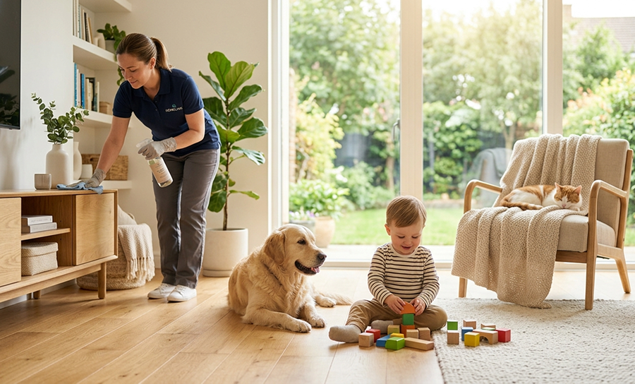 子どもと犬がくつろぐリビングを清掃するスタッフ